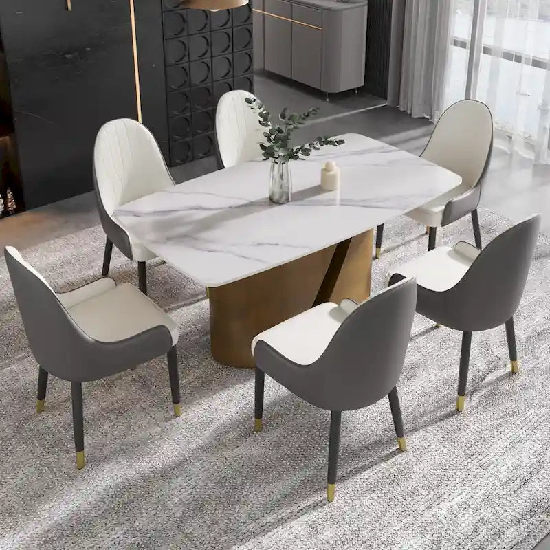 Tavolo da pranzo in pietra sinterizzata Pandora bianco e nero per 6-8 persone, gambe in metallo color oro