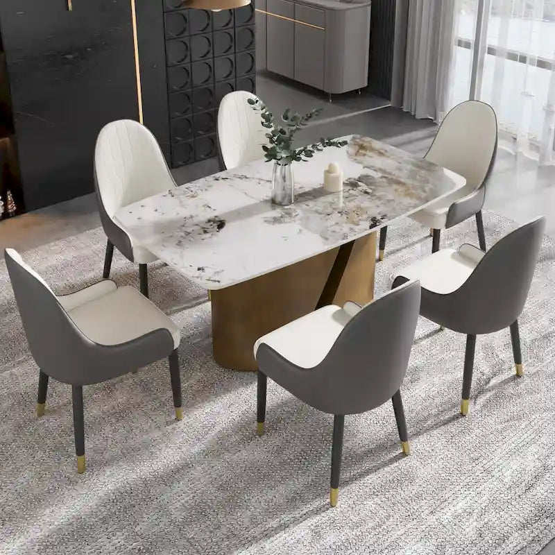 Tavolo da pranzo in pietra sinterizzata Pandora bianco e nero per 6-8 persone, gambe in metallo color oro