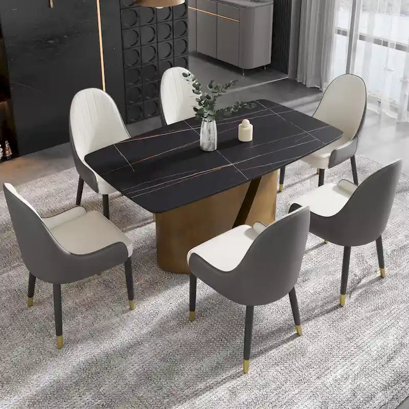 Tavolo da pranzo in pietra sinterizzata Pandora bianco e nero per 6-8 persone, gambe in metallo color oro