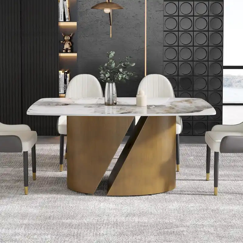 Tavolo da pranzo in pietra sinterizzata Pandora bianco e nero per 6-8 persone, gambe in metallo color oro