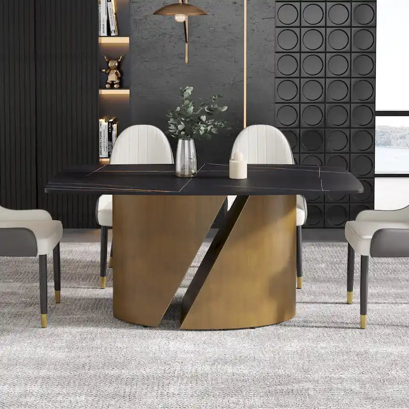 Tavolo da pranzo in pietra sinterizzata Pandora bianco e nero per 6-8 persone, gambe in metallo color oro