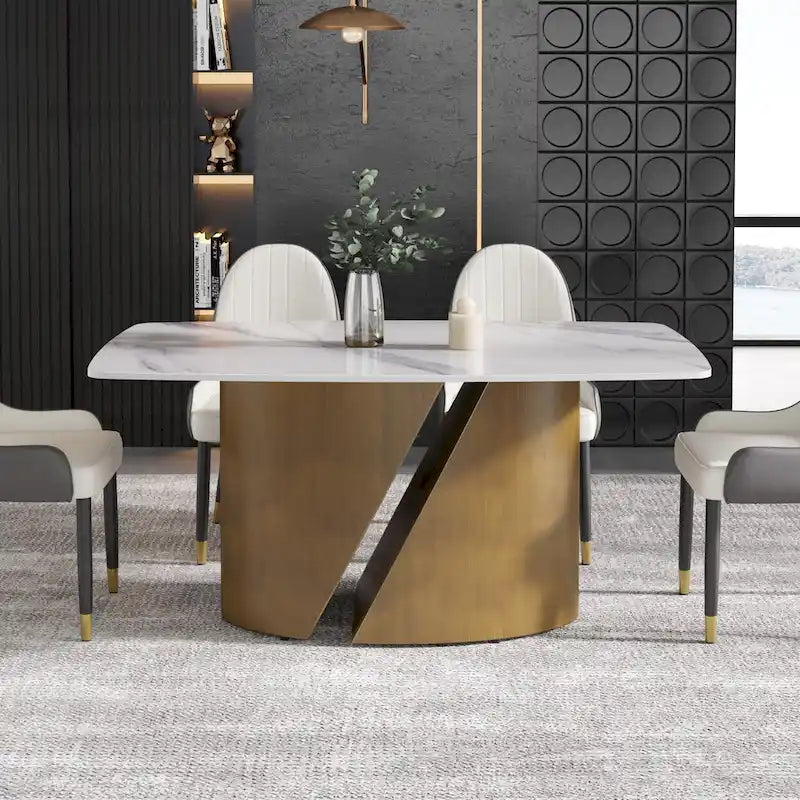 Tavolo da pranzo in pietra sinterizzata Pandora bianco e nero per 6-8 persone, gambe in metallo color oro