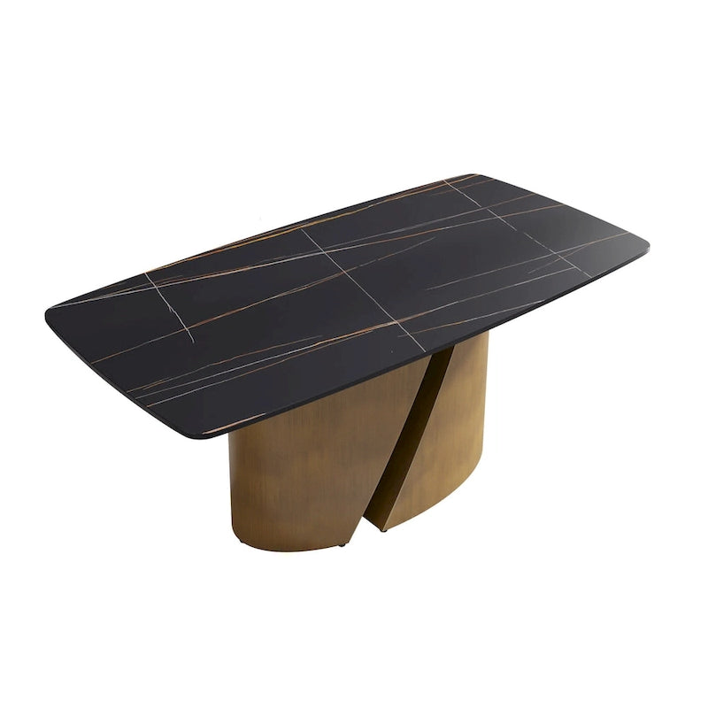 Tavolo da pranzo in pietra sinterizzata Pandora bianco e nero per 6-8 persone, gambe in metallo color oro