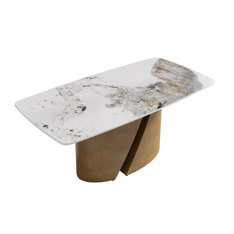 Tavolo da pranzo in pietra sinterizzata Pandora bianco e nero per 6-8 persone, gambe in metallo color oro