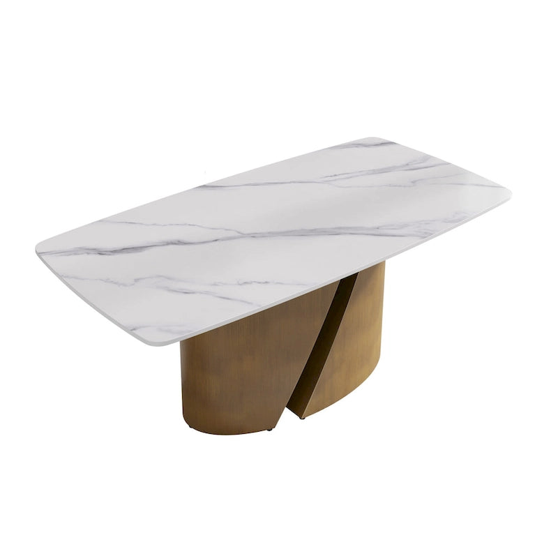Tavolo da pranzo in pietra sinterizzata Pandora bianco e nero per 6-8 persone, gambe in metallo color oro