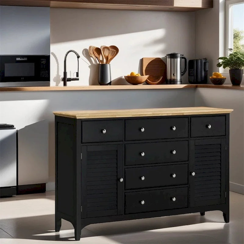 Credenza nera con 2 armadietti e 6 cassetti, ripiani regolabili, 140 cm (larghezza)