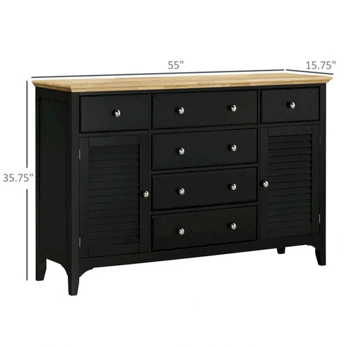 Credenza nera con 2 armadietti e 6 cassetti, ripiani regolabili, 140 cm (larghezza)