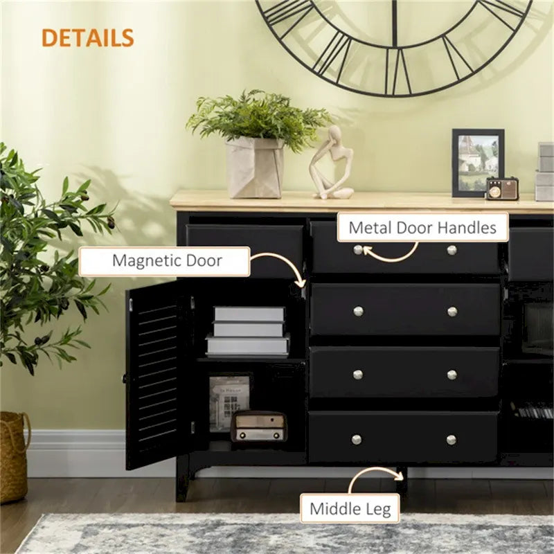 Credenza nera con 2 armadietti e 6 cassetti, ripiani regolabili, 140 cm (larghezza)