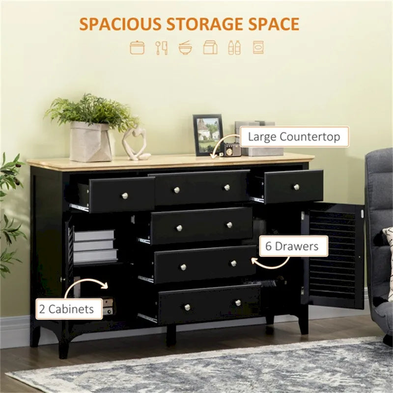 Credenza nera con 2 armadietti e 6 cassetti, ripiani regolabili, 140 cm (larghezza)