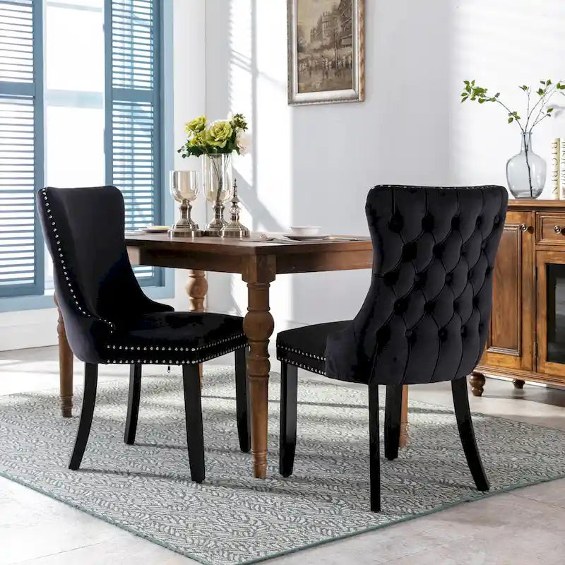 Sedia da pranzo in velluto con schienale ad ali e finiture con rivetti, set da 2 (Oro / Grigio / Nero / Blu / Beige)