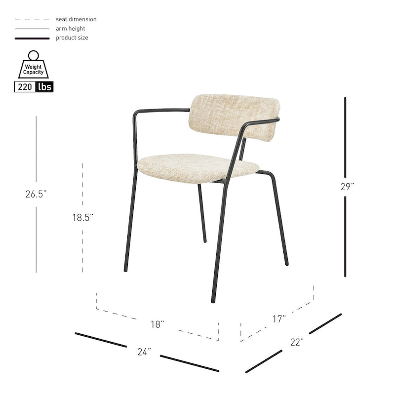 Sedia da pranzo con braccioli in tessuto panna/grigio, set da 2