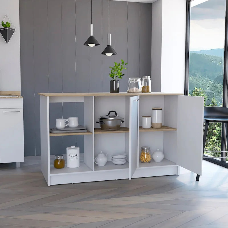 Isola da cucina multicolore con vani portaoggetti, 2 posti, Bianco/Rovere chiaro e Nero