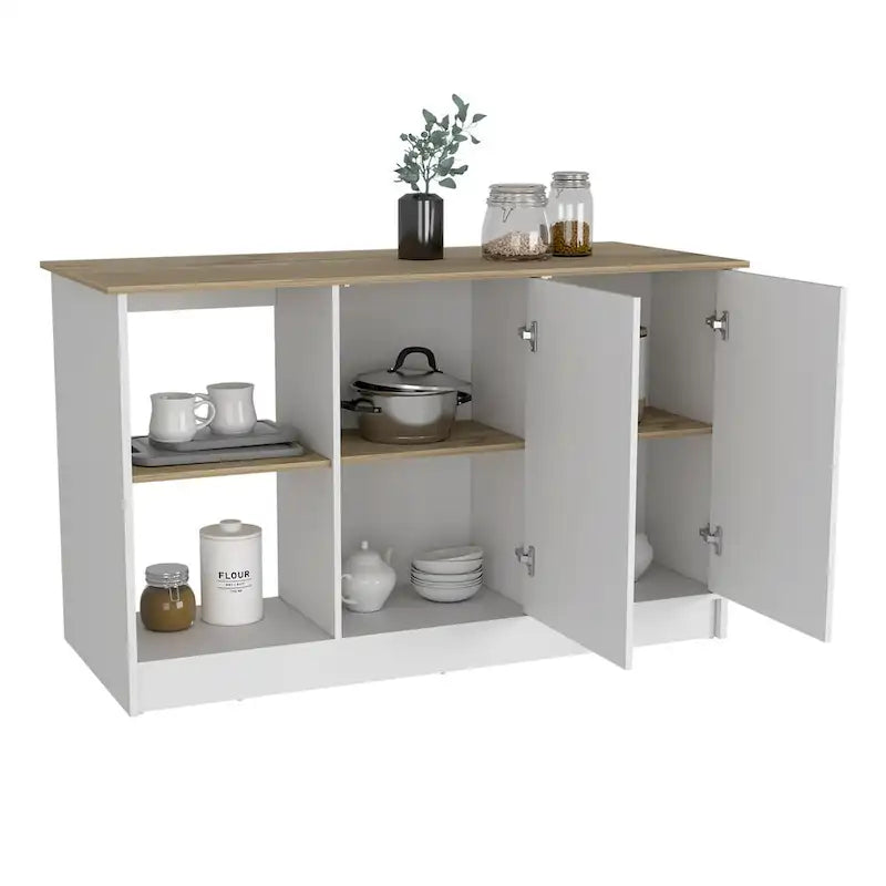 Isola da cucina multicolore con vani portaoggetti, 2 posti, Bianco/Rovere chiaro e Nero