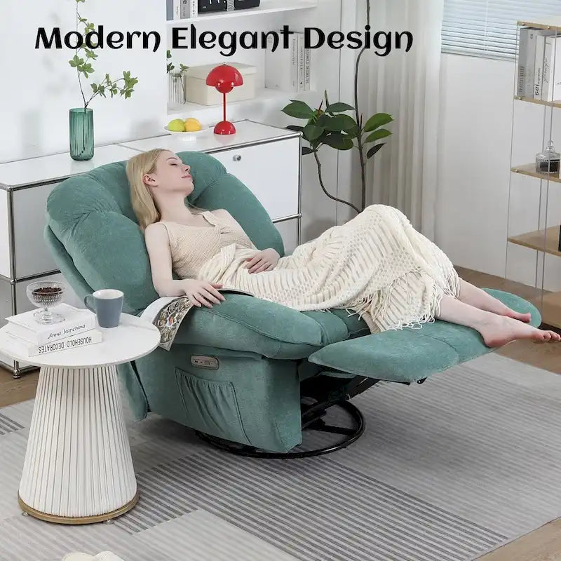 Drehbarer elektrischer Relaxsessel mit Massagefunktion, Wippfunktion, Heizung, USB- und USB-C-Anschlüssen sowie Seitentasche