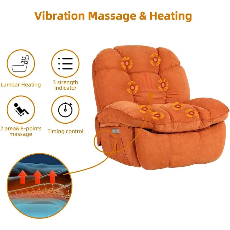 Drehbarer elektrischer Relaxsessel mit Massagefunktion, Wippfunktion, Heizung, USB- und USB-C-Anschlüssen sowie Seitentasche