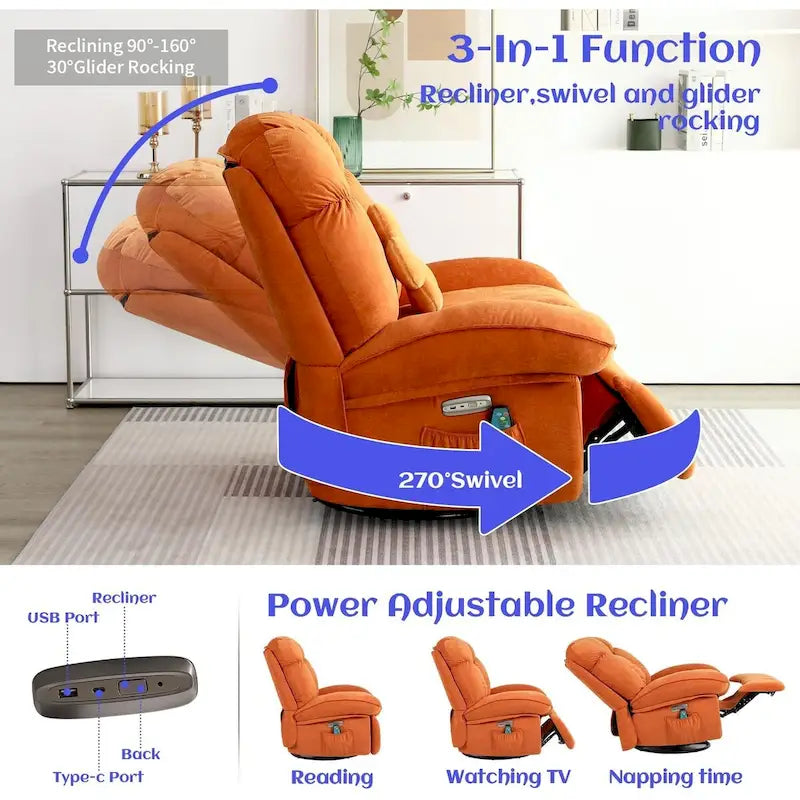 Drehbarer elektrischer Relaxsessel mit Massagefunktion, Wippfunktion, Heizung, USB- und USB-C-Anschlüssen sowie Seitentasche