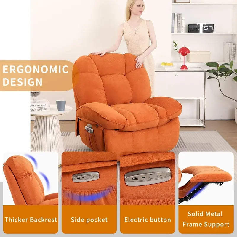 Drehbarer elektrischer Relaxsessel mit Massagefunktion, Wippfunktion, Heizung, USB- und USB-C-Anschlüssen sowie Seitentasche