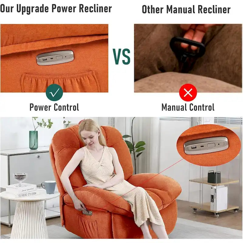 Drehbarer elektrischer Relaxsessel mit Massagefunktion, Wippfunktion, Heizung, USB- und USB-C-Anschlüssen sowie Seitentasche