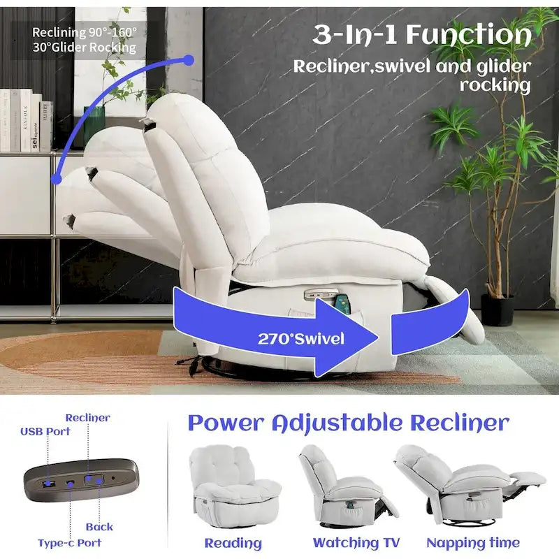 Drehbarer elektrischer Relaxsessel mit Massagefunktion, Wippfunktion, Heizung, USB- und USB-C-Anschlüssen sowie Seitentasche