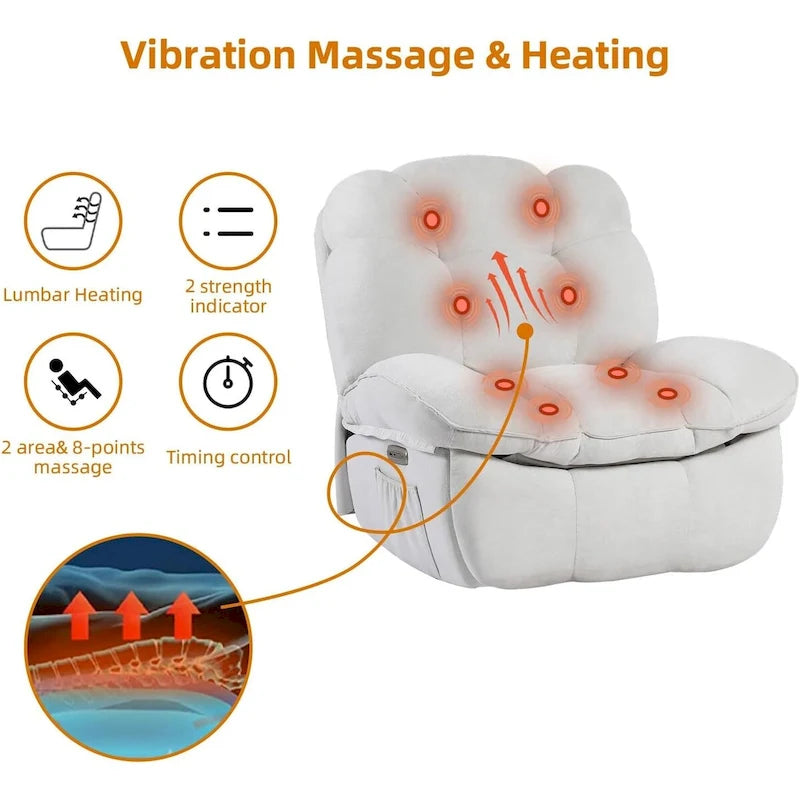 Drehbarer elektrischer Relaxsessel mit Massagefunktion, Wippfunktion, Heizung, USB- und USB-C-Anschlüssen sowie Seitentasche
