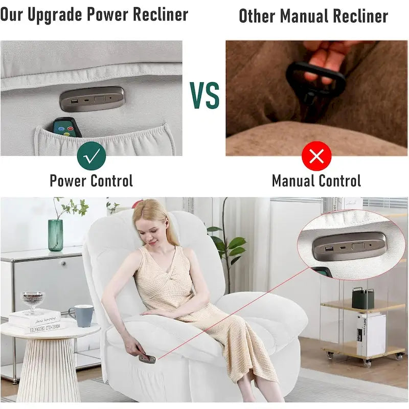Drehbarer elektrischer Relaxsessel mit Massagefunktion, Wippfunktion, Heizung, USB- und USB-C-Anschlüssen sowie Seitentasche