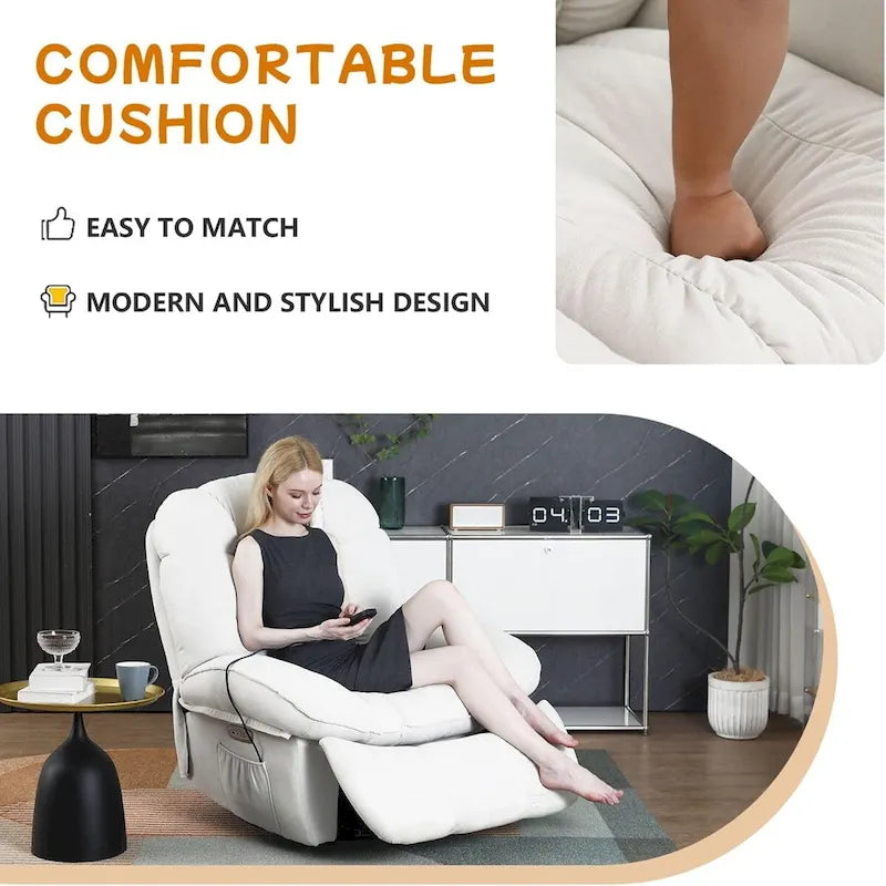Drehbarer elektrischer Relaxsessel mit Massagefunktion, Wippfunktion, Heizung, USB- und USB-C-Anschlüssen sowie Seitentasche