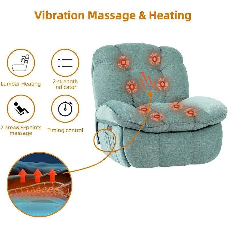 Drehbarer elektrischer Relaxsessel mit Massagefunktion, Wippfunktion, Heizung, USB- und USB-C-Anschlüssen sowie Seitentasche