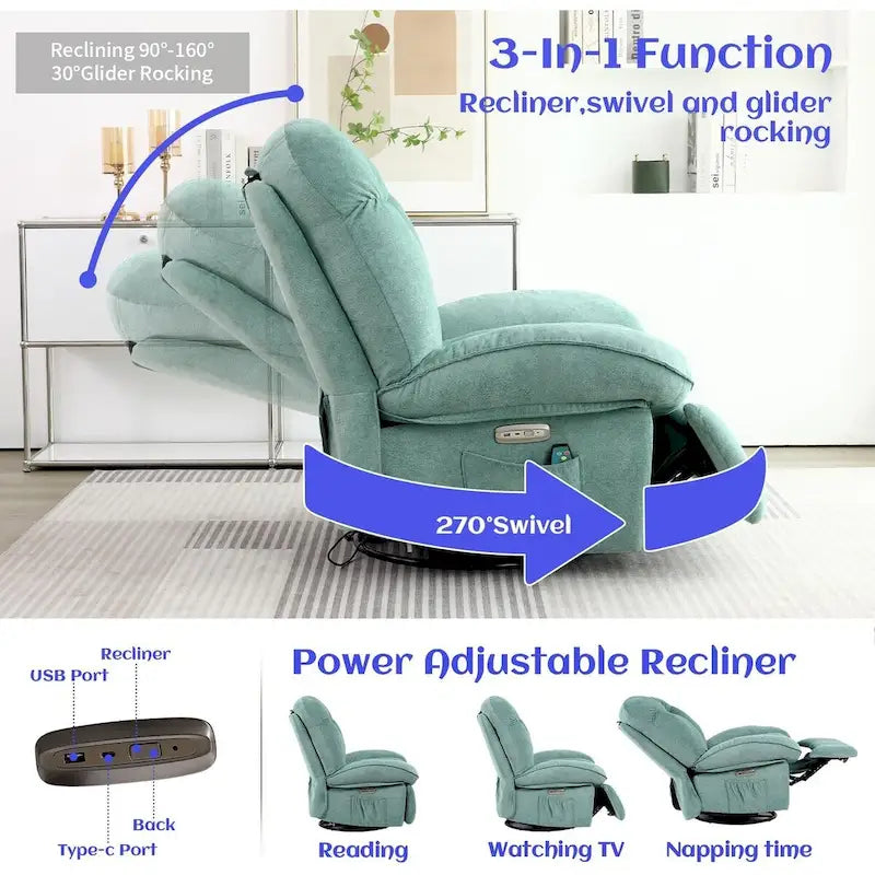 Drehbarer elektrischer Relaxsessel mit Massagefunktion, Wippfunktion, Heizung, USB- und USB-C-Anschlüssen sowie Seitentasche