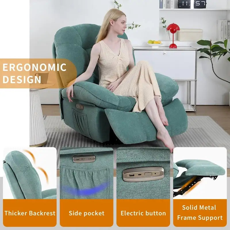 Drehbarer elektrischer Relaxsessel mit Massagefunktion, Wippfunktion, Heizung, USB- und USB-C-Anschlüssen sowie Seitentasche