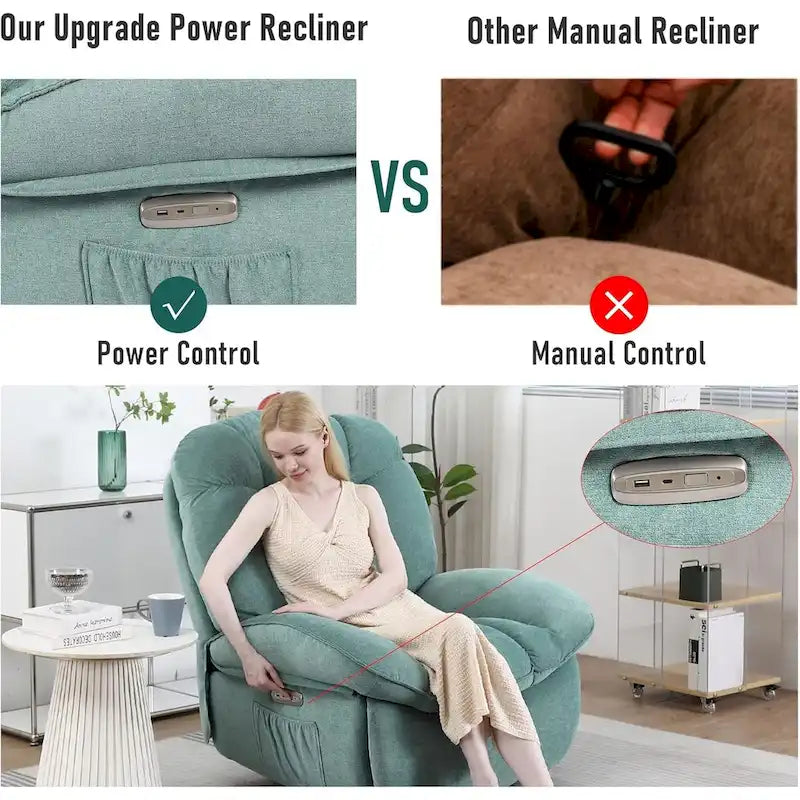 Drehbarer elektrischer Relaxsessel mit Massagefunktion, Wippfunktion, Heizung, USB- und USB-C-Anschlüssen sowie Seitentasche