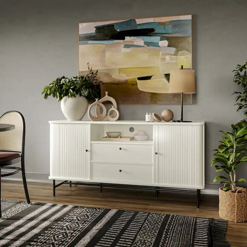 Credenza/Buffet curvo laterale marrone chiaro/bianco con ante a serrandina scorrevoli