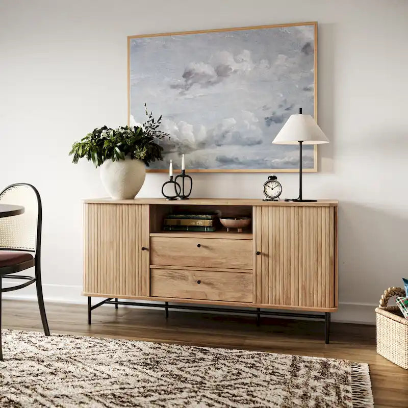 Credenza/Buffet curvo laterale marrone chiaro/bianco con ante a serrandina scorrevoli