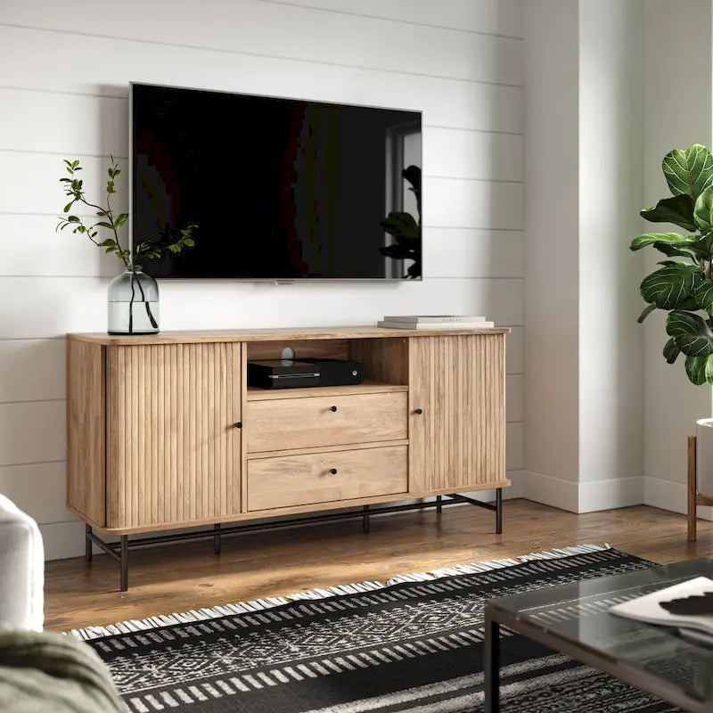 Credenza/Buffet curvo laterale marrone chiaro/bianco con ante a serrandina scorrevoli