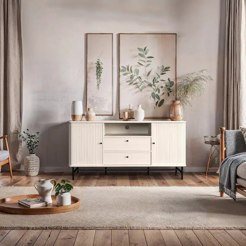 Credenza/Buffet curvo laterale marrone chiaro/bianco con ante a serrandina scorrevoli