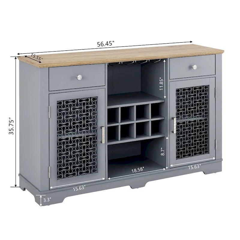 Credenza a Buffet Azzurra, 2 Ante con Cassetti e Portabottiglie, Unico Blocco