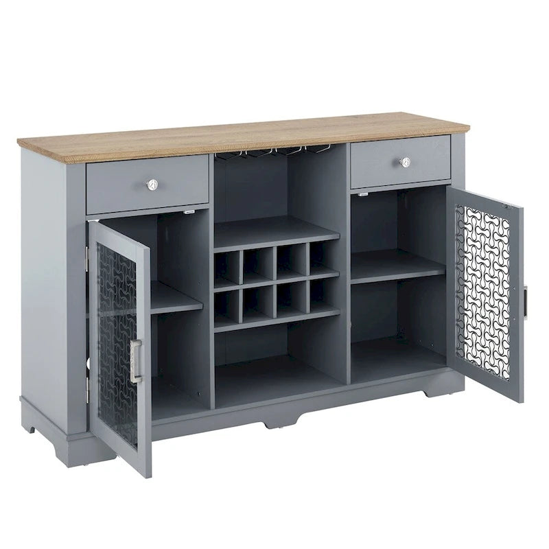 Credenza a Buffet Azzurra, 2 Ante con Cassetti e Portabottiglie, Unico Blocco