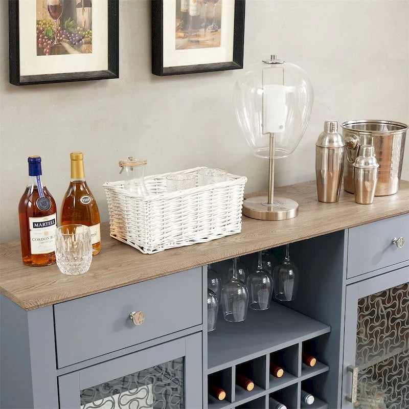 Credenza a Buffet Azzurra, 2 Ante con Cassetti e Portabottiglie, Unico Blocco