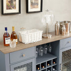Credenza a Buffet Azzurra, 2 Ante con Cassetti e Portabottiglie, Unico Blocco