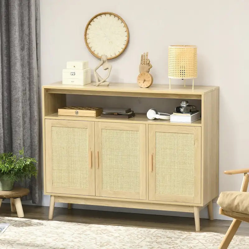 Credenza in legno naturale in stile Bohemien e Rattan