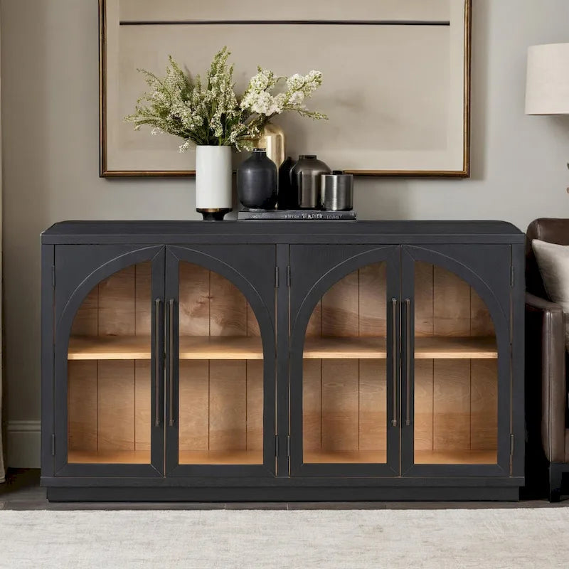 Credenza retrò blu navy/nera a 4 ante con ripiani regolabili