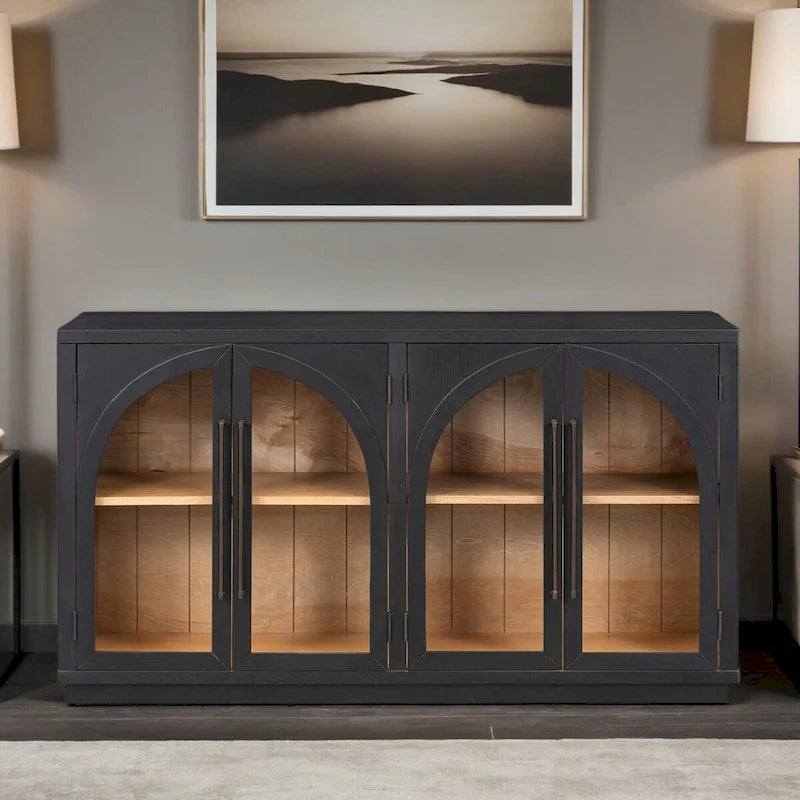 Credenza retrò blu navy/nera a 4 ante con ripiani regolabili
