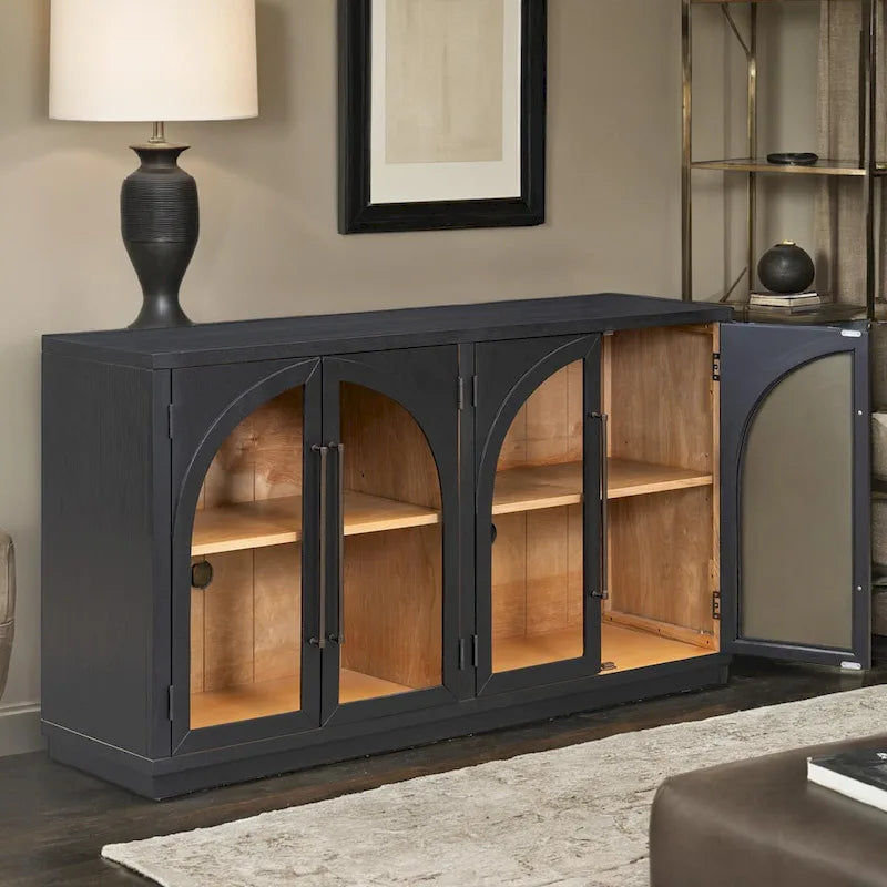 Credenza retrò blu navy/nera a 4 ante con ripiani regolabili