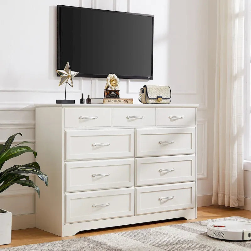 Comò lungo a 9 cassetti bianco/nero con maniglie antiche – Stile porta da fienile, montaggio per 2 persone