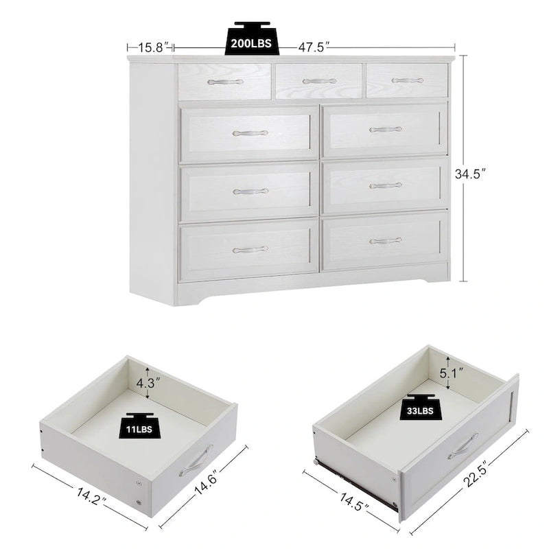 Comò lungo a 9 cassetti bianco/nero con maniglie antiche – Stile porta da fienile, montaggio per 2 persone