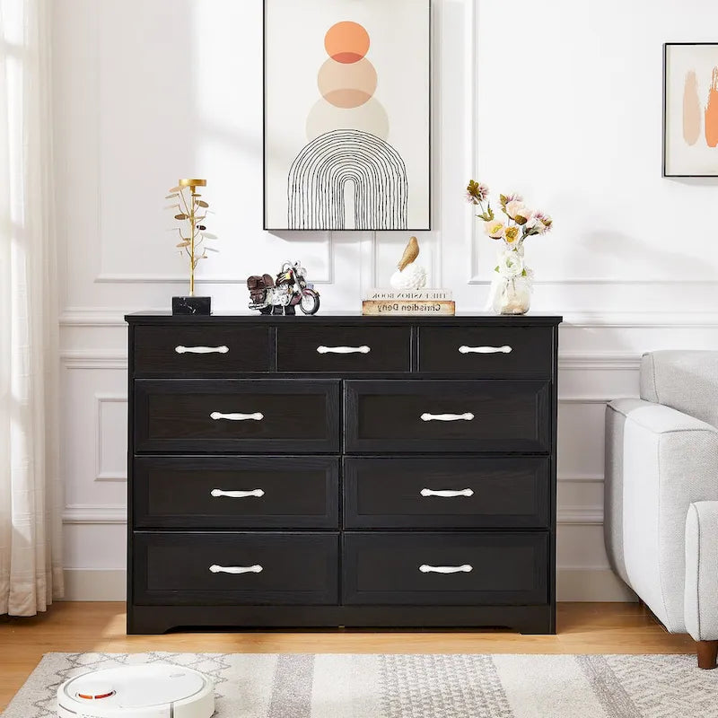Comò lungo a 9 cassetti bianco/nero con maniglie antiche – Stile porta da fienile, montaggio per 2 persone