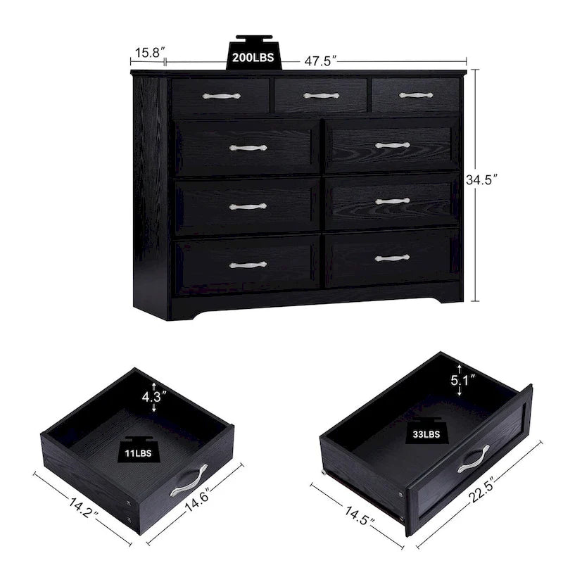 Comò lungo a 9 cassetti bianco/nero con maniglie antiche – Stile porta da fienile, montaggio per 2 persone