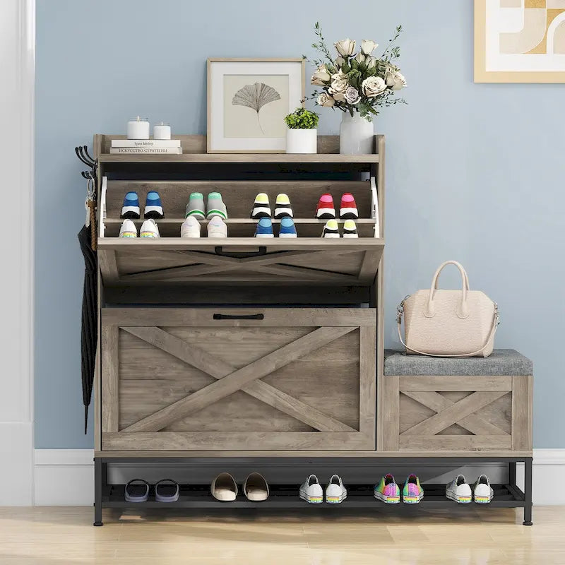 Farmhouse Shoe Storage Cabinet with 2 Flip Drawers and Bench for Entryway