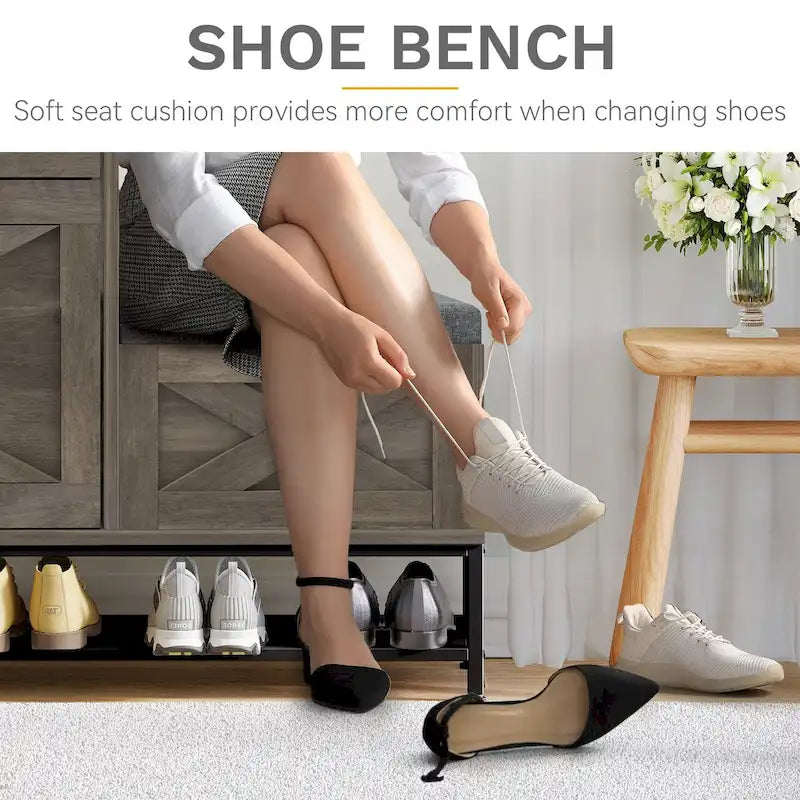 Farmhouse Shoe Storage Cabinet with 2 Flip Drawers and Bench for Entryway