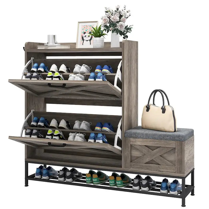 Farmhouse Shoe Storage Cabinet with 2 Flip Drawers and Bench for Entryway