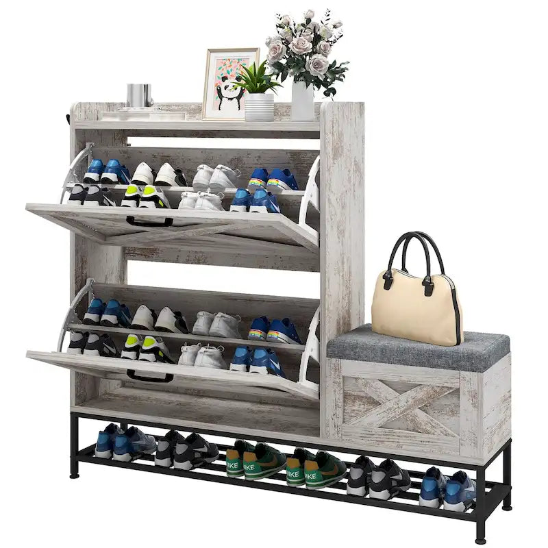 Farmhouse Shoe Storage Cabinet with 2 Flip Drawers and Bench for Entryway